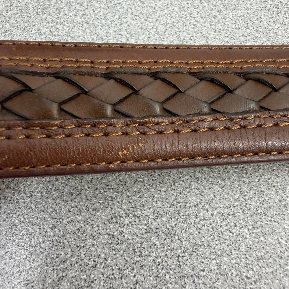 Tommy Bahama Belt Mens 34 Brown Woven Inlay Leather Casual Dress Silver Buckle